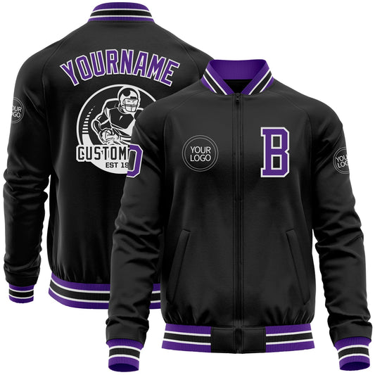 Custom Black Purple-White Bomber Varsity Letterman Zipper Jacket - Main View