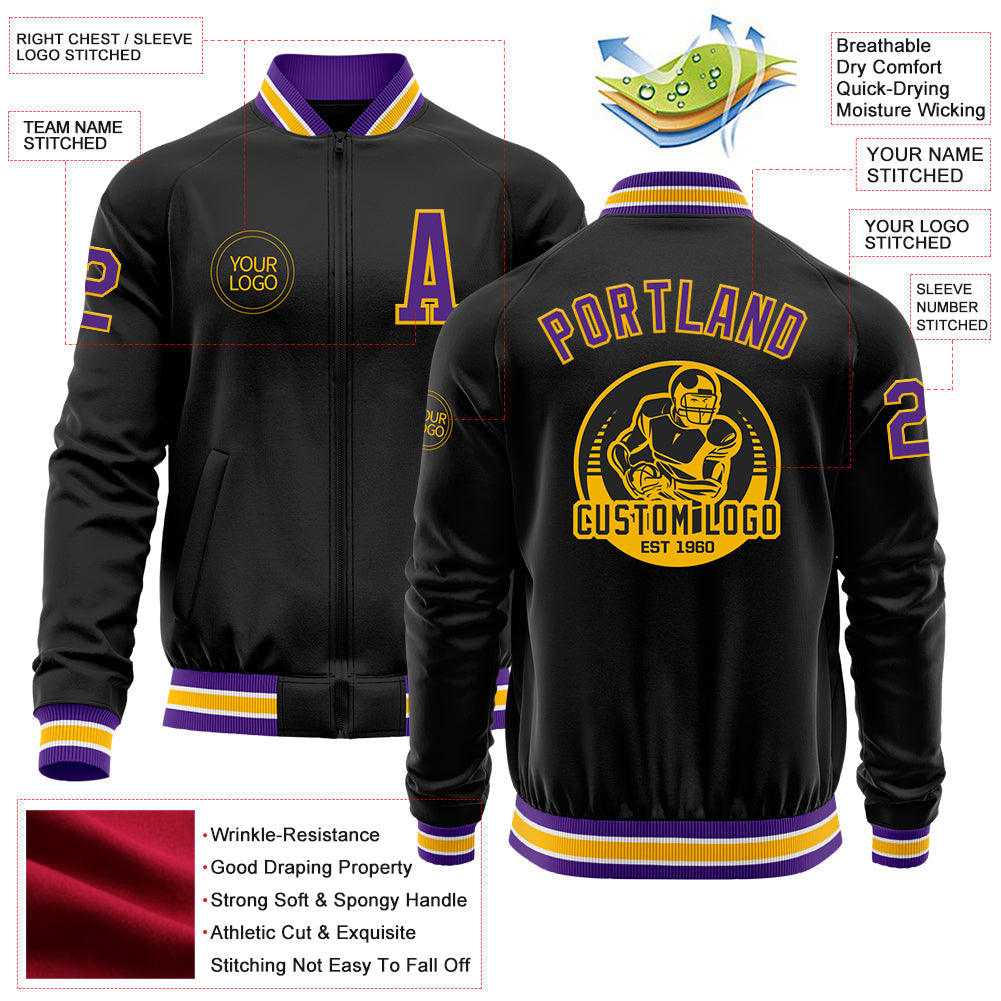 Custom Black Purple-Gold Bomber Varsity Letterman Zipper Jacket view 4