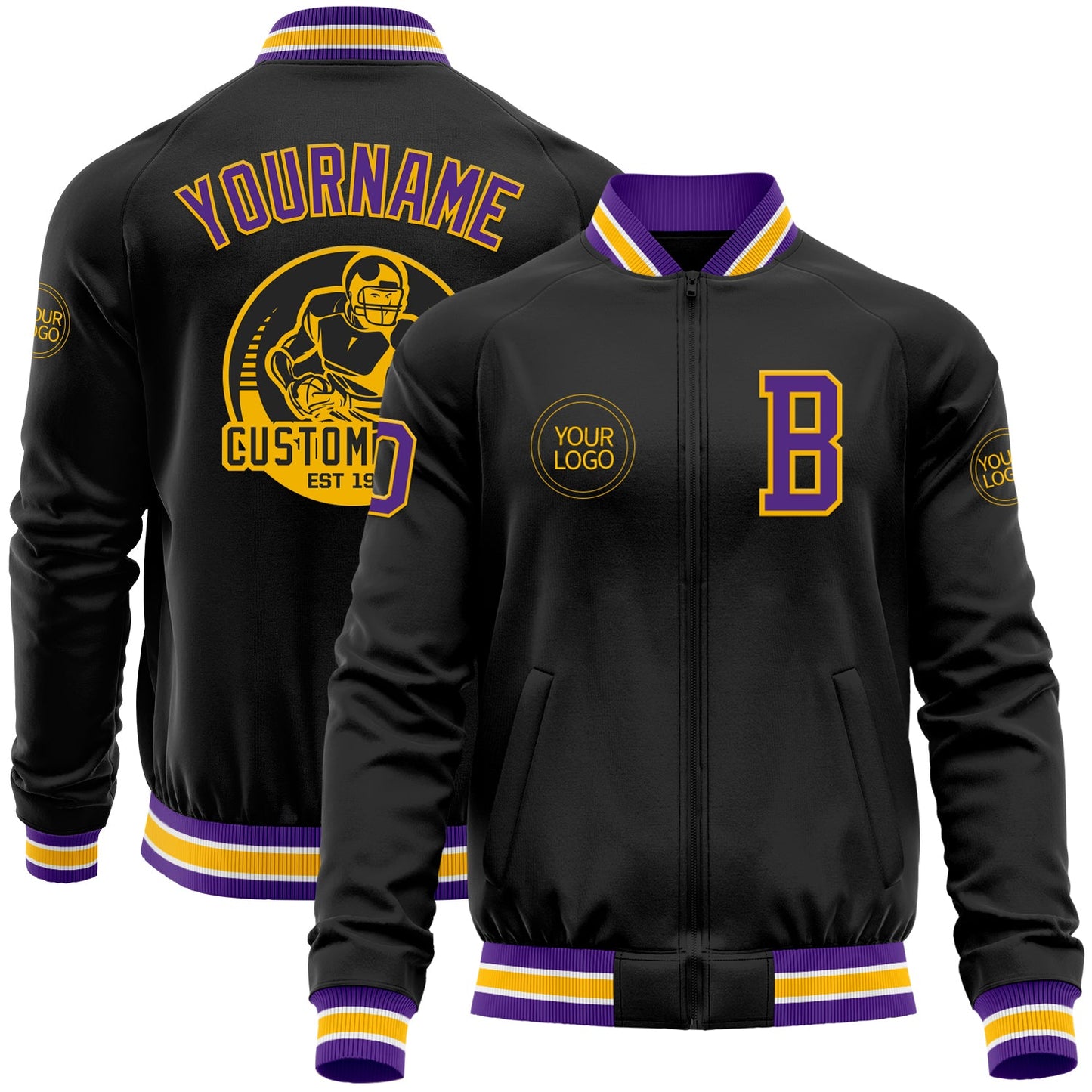 Custom Black Purple-Gold Bomber Varsity Letterman Zipper Jacket - Main View