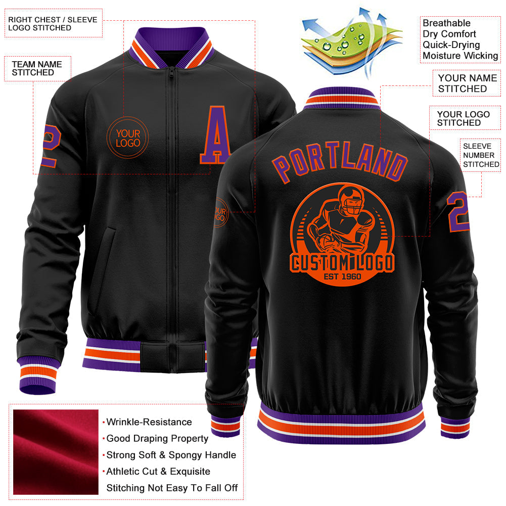 Custom Black Purple-Orange Bomber Varsity Letterman Zipper Jacket view 4