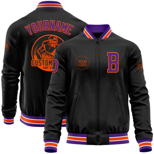 Custom Black Purple-Orange Bomber Varsity Letterman Zipper Jacket - Main View
