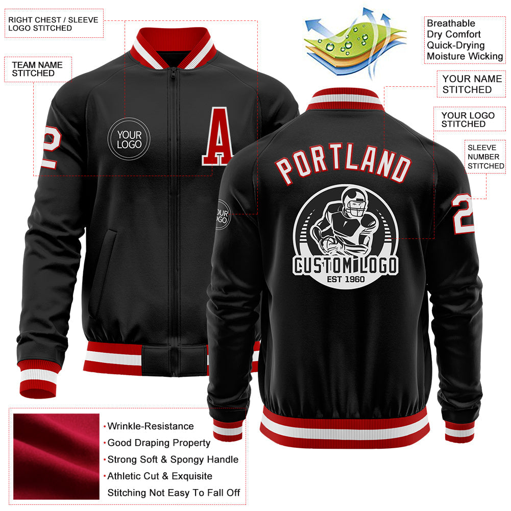 Custom Black Red-White Bomber Varsity Letterman Zipper Jacket view 4