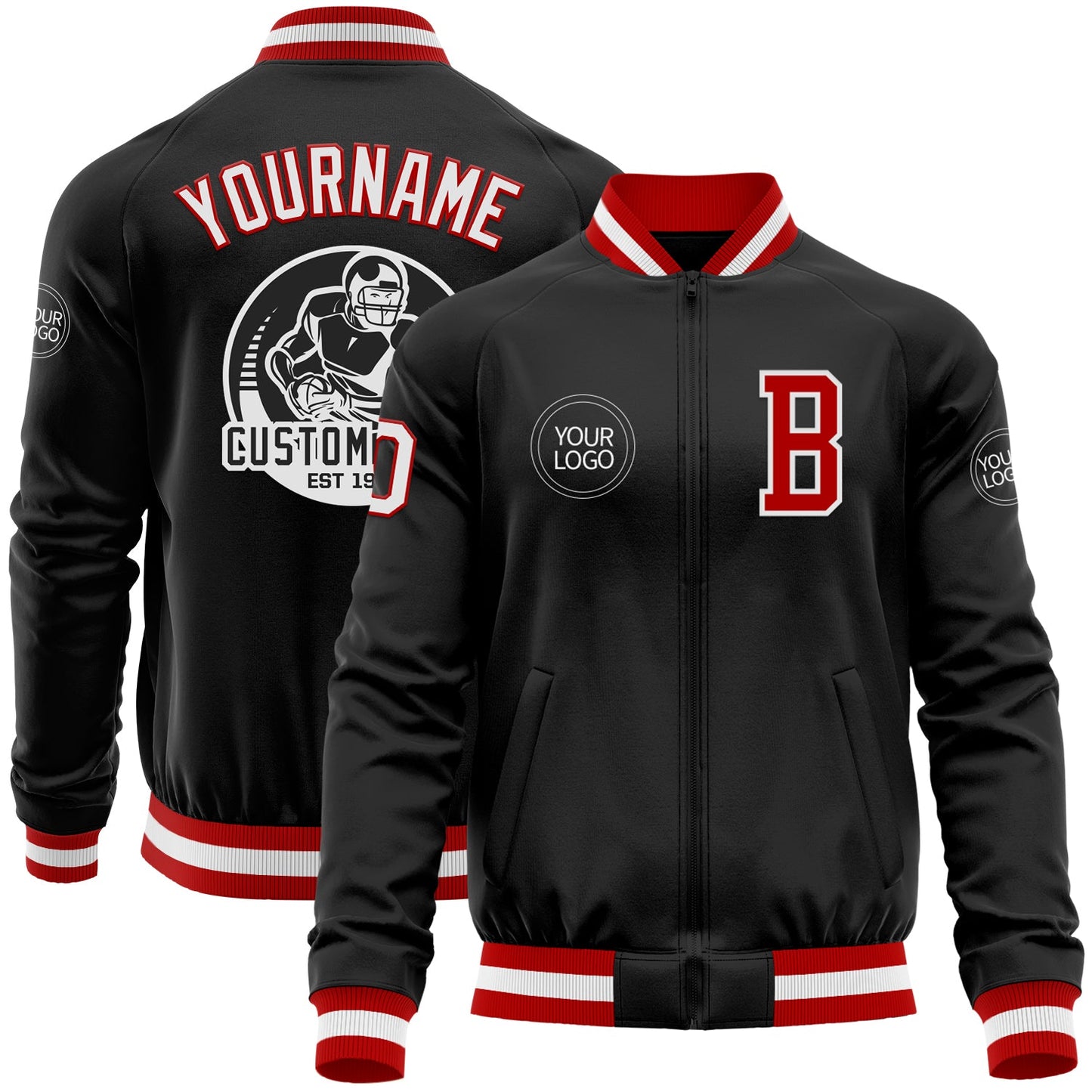 Custom Black Red-White Bomber Varsity Letterman Zipper Jacket - Main View