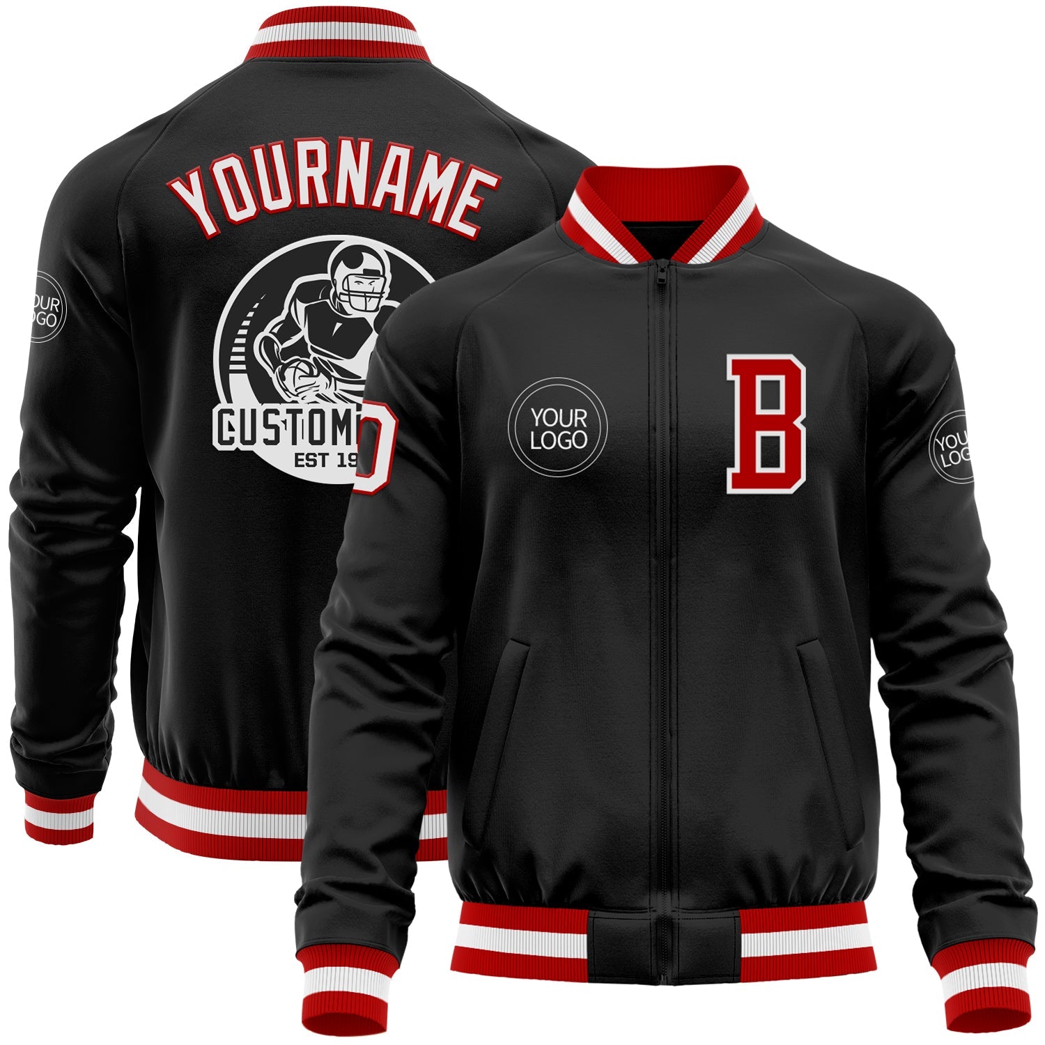 Custom Black Red-White Bomber Varsity Letterman Zipper Jacket - Main View