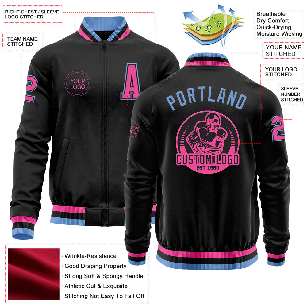 Custom Black Pink-Light Blue Bomber Varsity Letterman Zipper Jacket view 4
