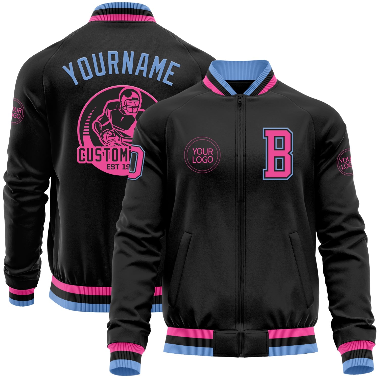 Custom Black Pink-Light Blue Bomber Varsity Letterman Zipper Jacket - Main View