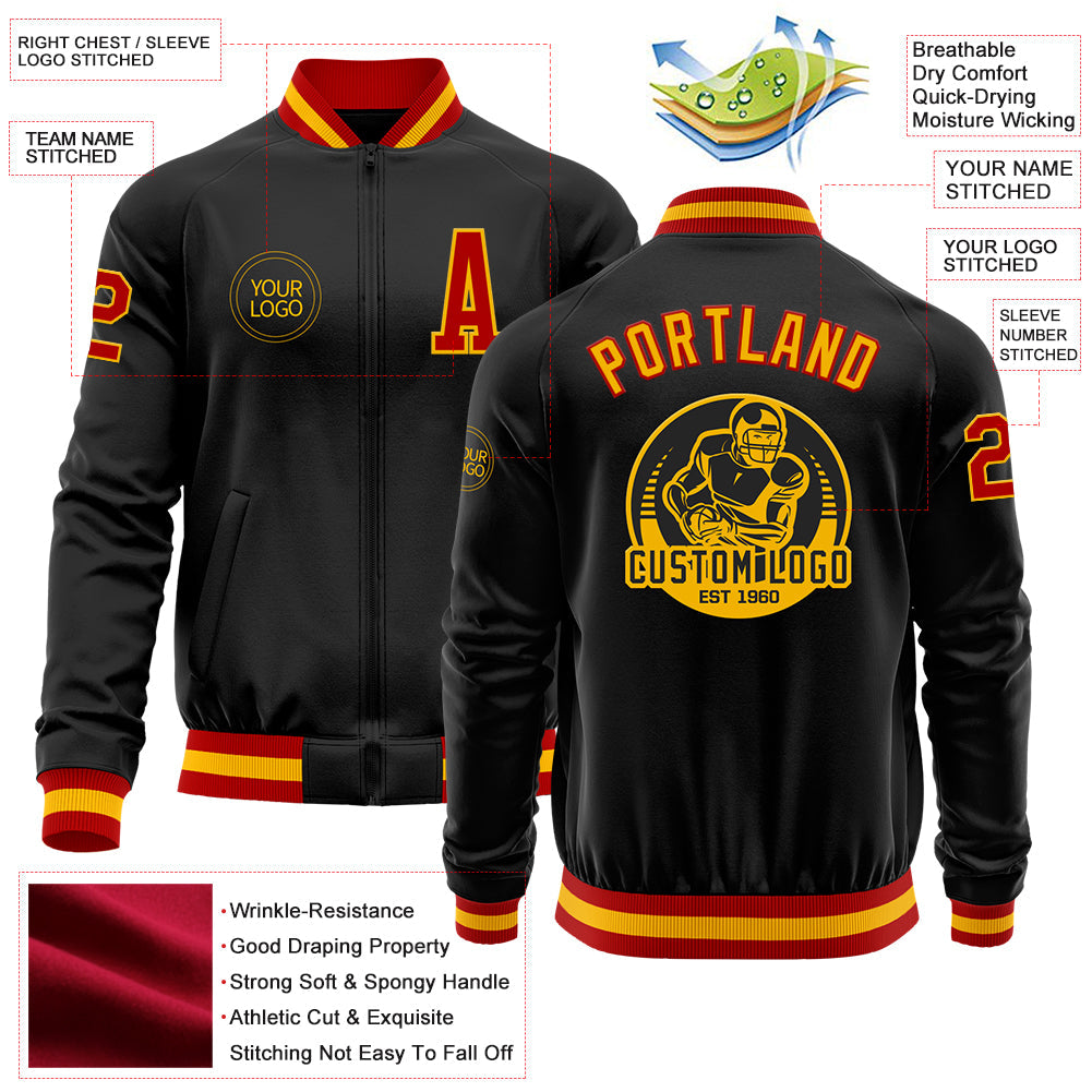 Custom Black Red-Gold Bomber Varsity Letterman Zipper Jacket view 4