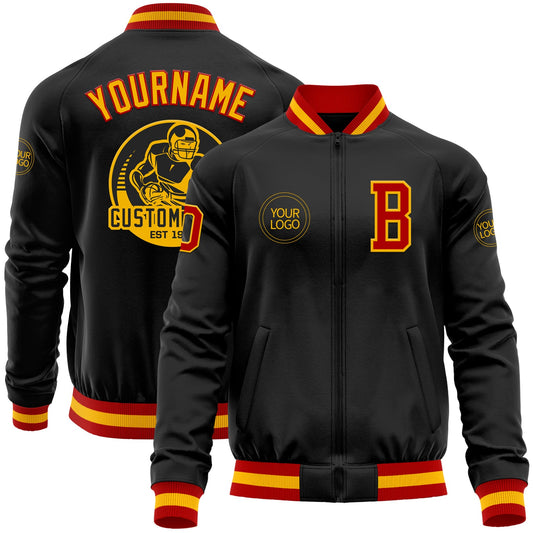 Custom Black Red-Gold Bomber Varsity Letterman Zipper Jacket - Main View