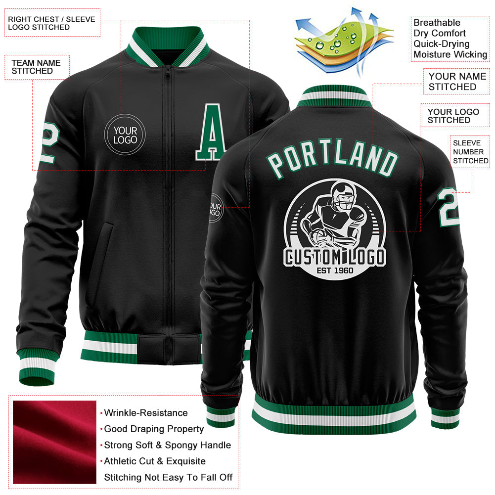 Custom Black Kelly Green-White Bomber Varsity Letterman Zipper Jacket view 4