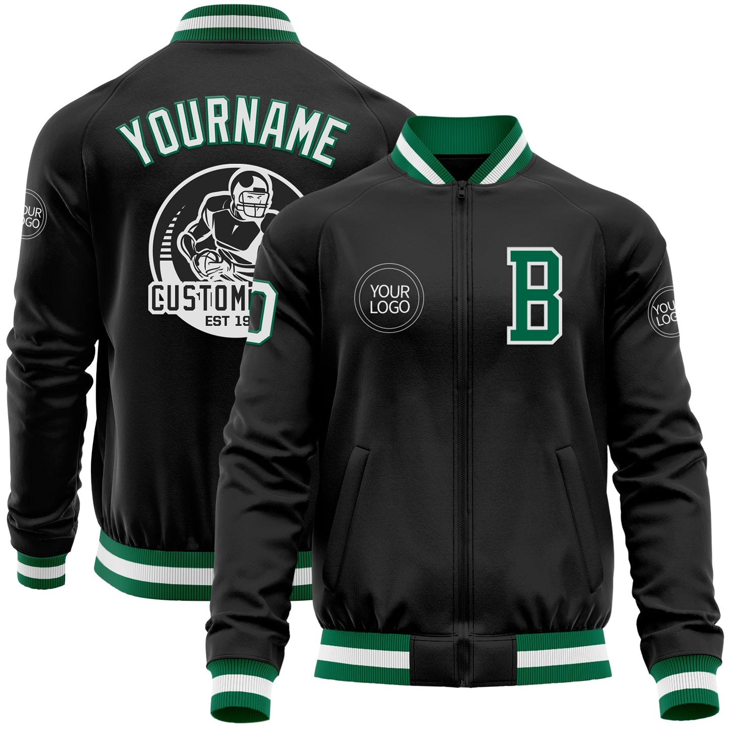 Custom Black Kelly Green-White Bomber Varsity Letterman Zipper Jacket - Main View