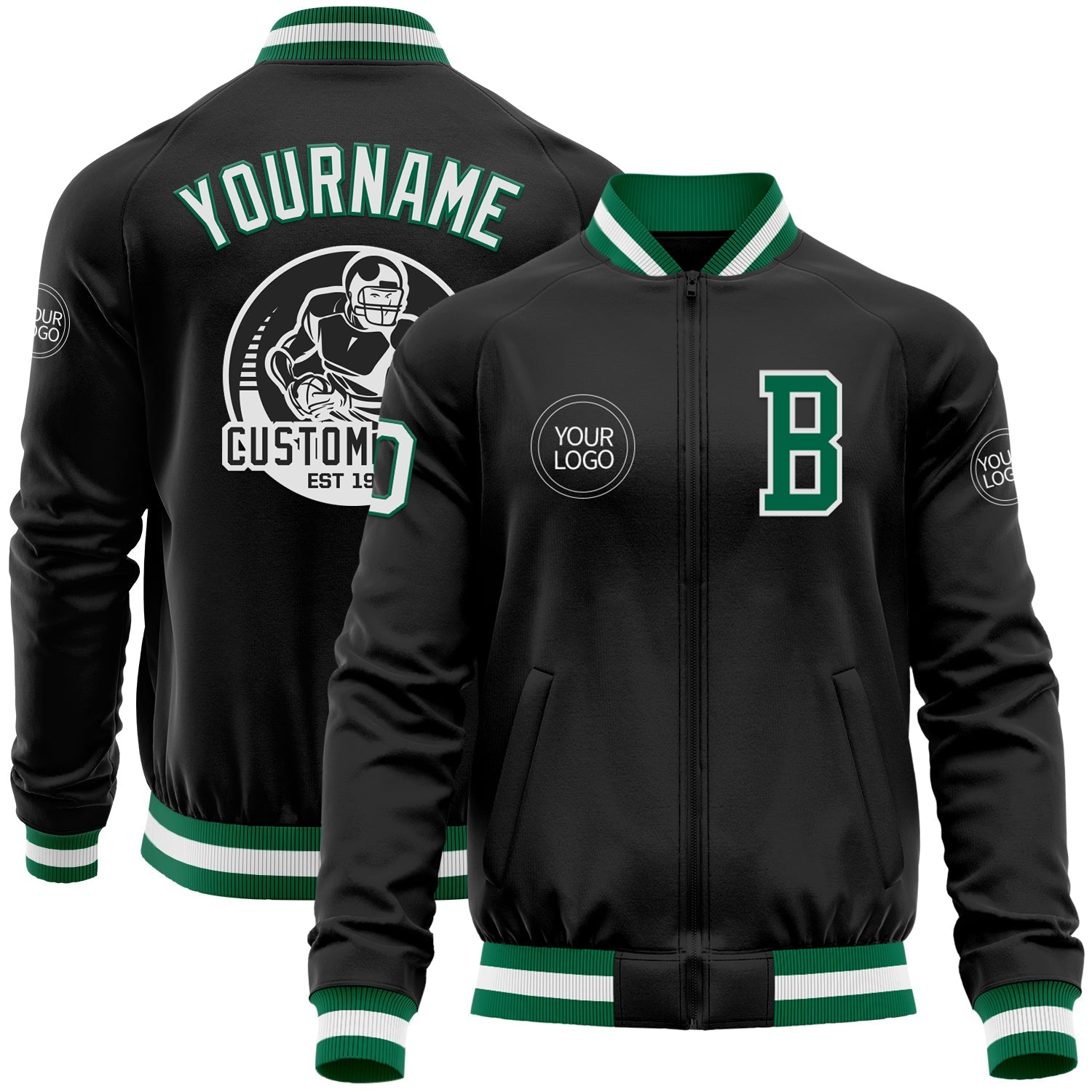Custom Black Kelly Green-White Bomber Varsity Letterman Zipper Jacket - Main View