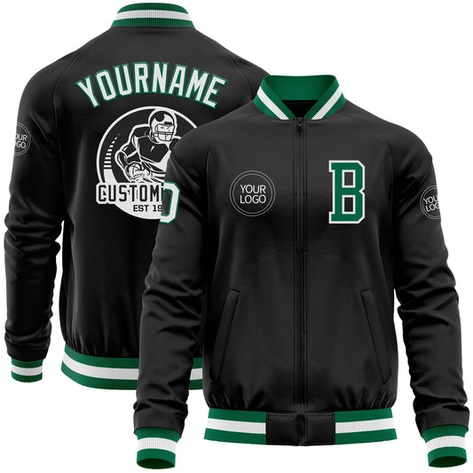 Custom Black Kelly Green-White Bomber Varsity Letterman Zipper Jacket - Main View