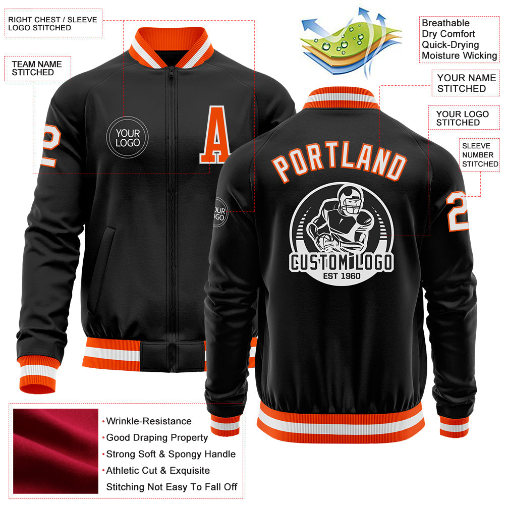 Custom Black Orange-White Bomber Varsity Letterman Zipper Jacket view 4