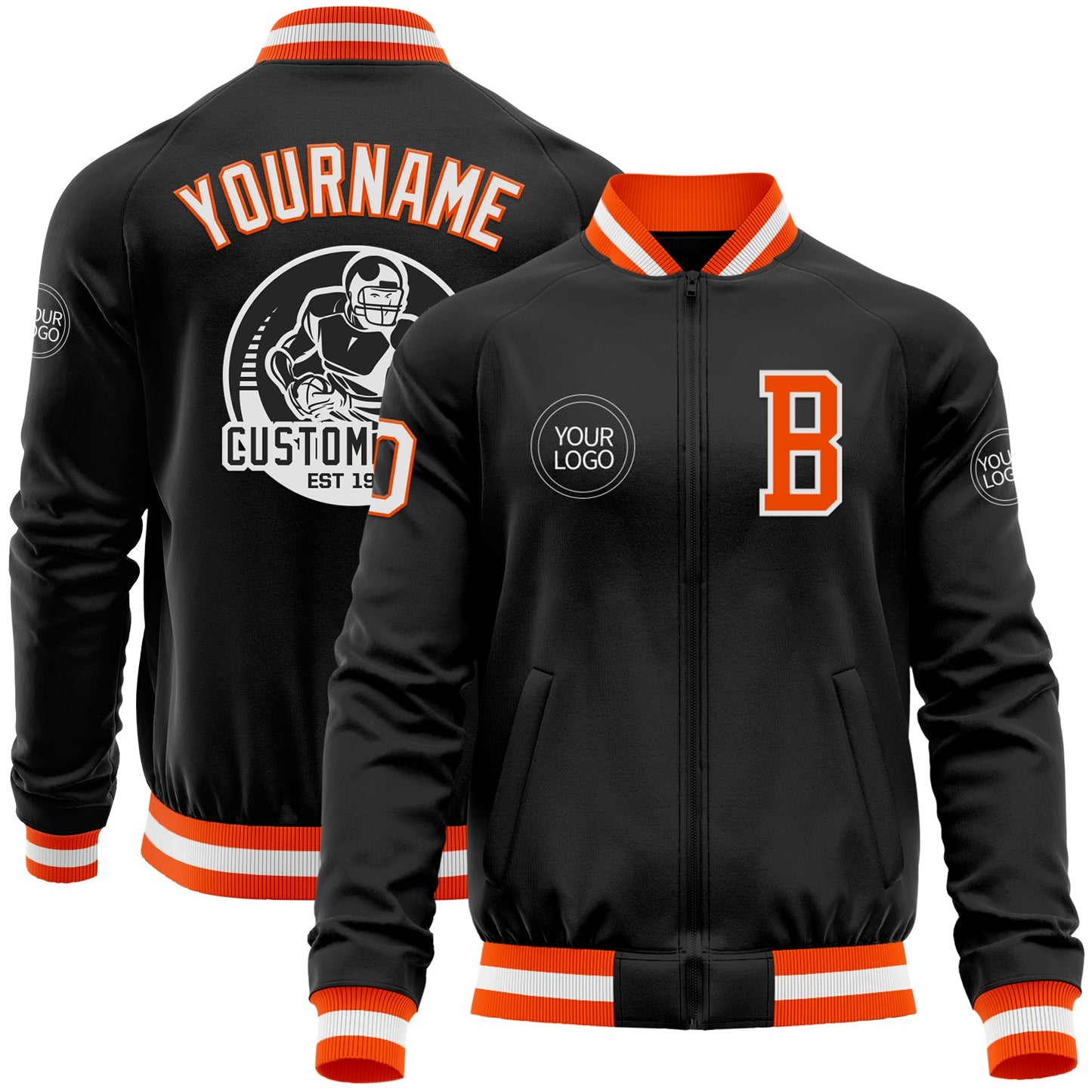 Custom Black Orange-White Bomber Varsity Letterman Zipper Jacket - Main View
