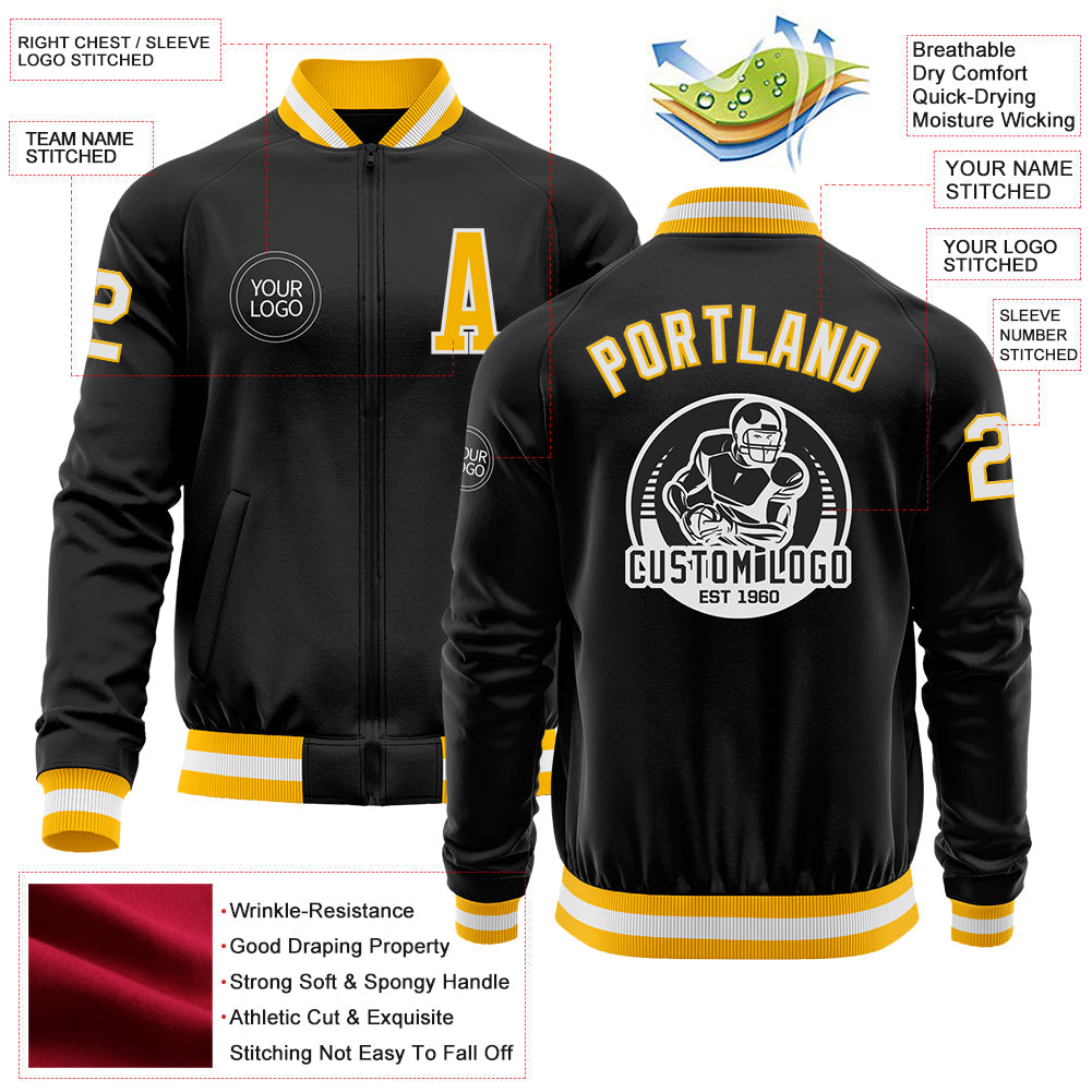 Custom Black Gold-White Bomber Varsity Letterman Zipper Jacket view 4