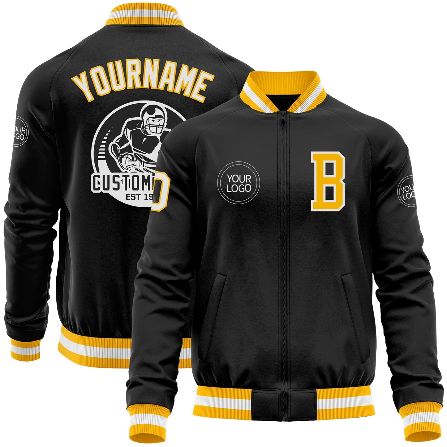 Custom Black Gold-White Bomber Varsity Letterman Zipper Jacket - Main View