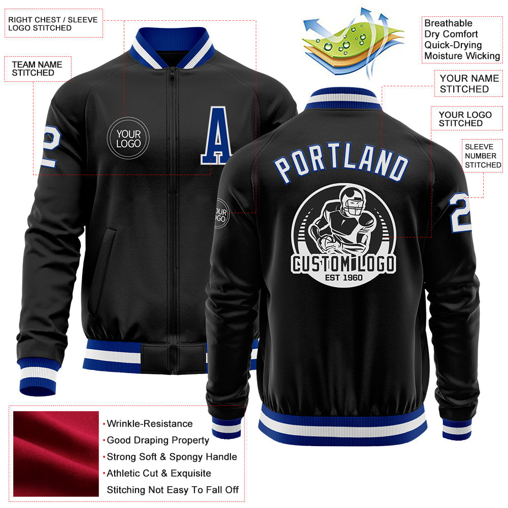 Custom Black Royal-White Bomber Varsity Letterman Zipper Jacket view 4