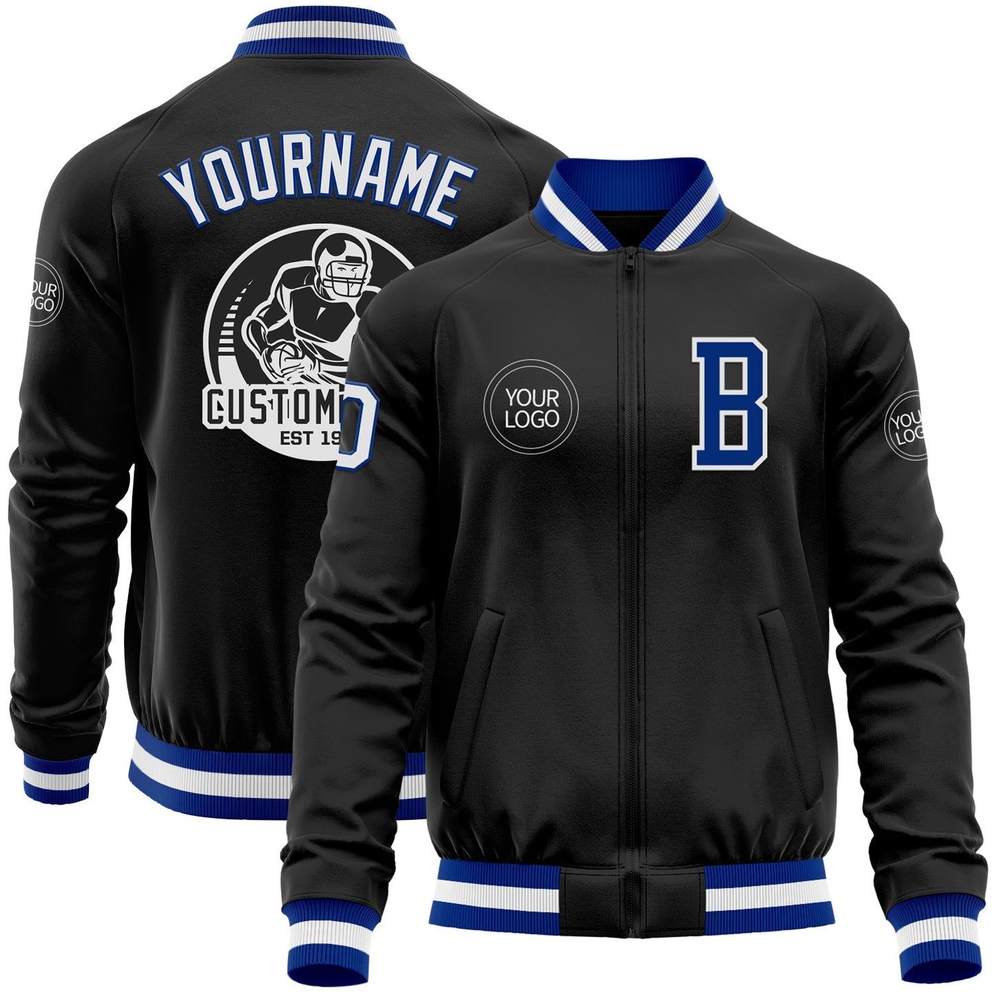 Custom Black Royal-White Bomber Varsity Letterman Zipper Jacket - Main View