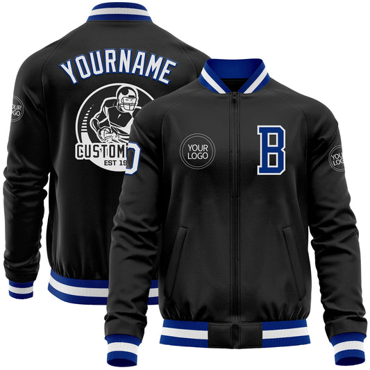 Custom Black Royal-White Bomber Varsity Letterman Zipper Jacket - Main View