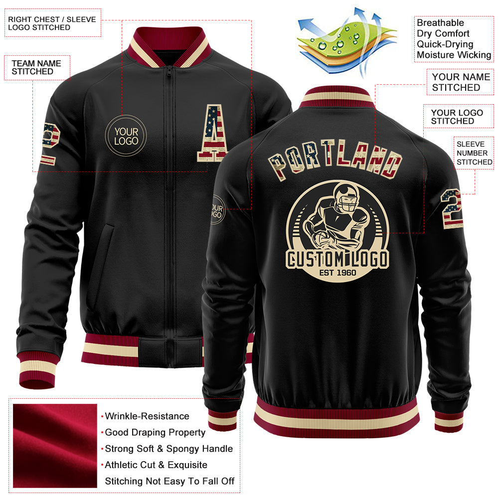 Custom Black Vintage USA Flag Cream-Maroon Bomber Varsity Letterman Zipper Jacket view 4