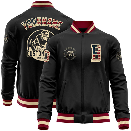 Custom Black Vintage USA Flag Cream-Maroon Bomber Varsity Letterman Zipper Jacket - Main View