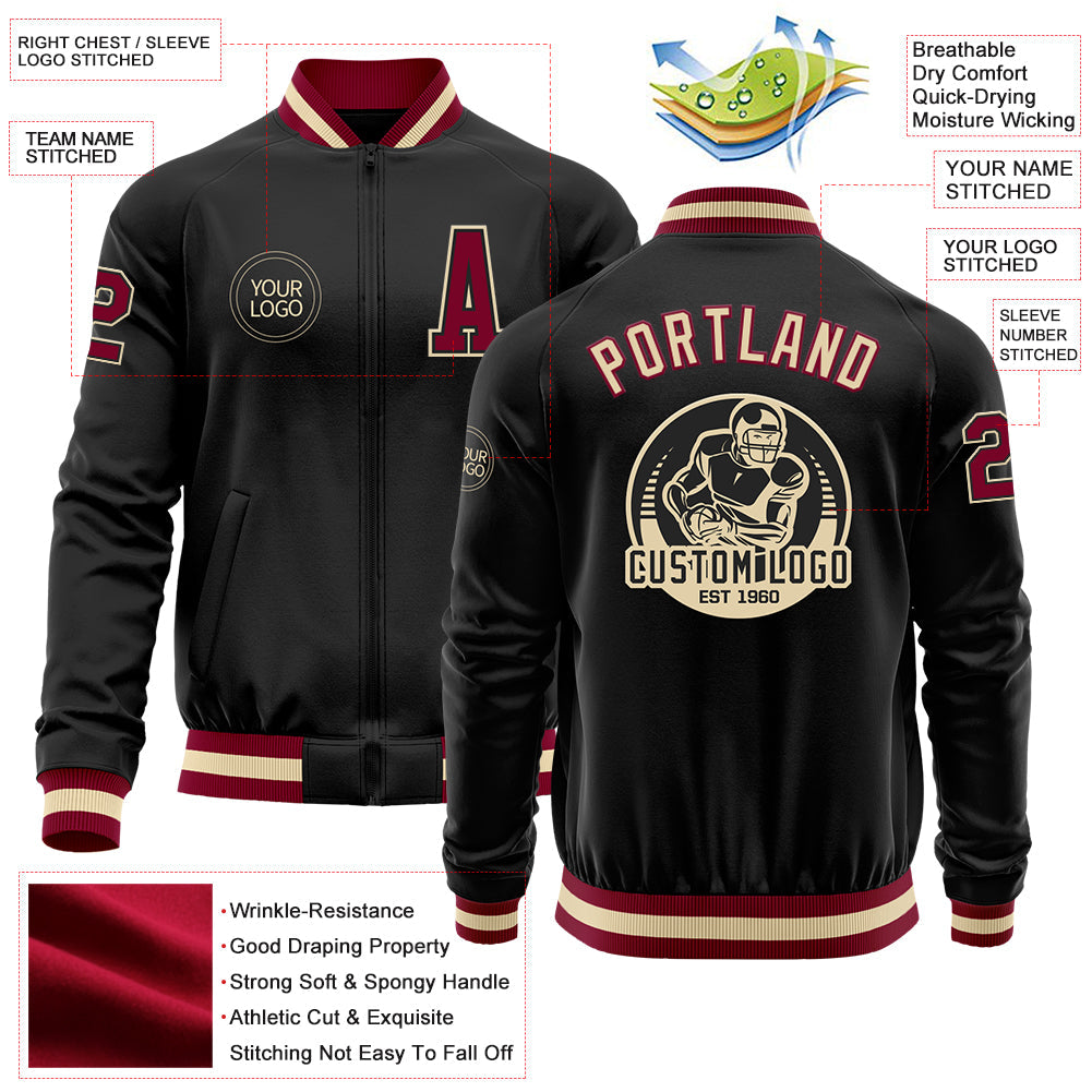 Custom Black Maroon-Cream Bomber Varsity Letterman Zipper Jacket view 4