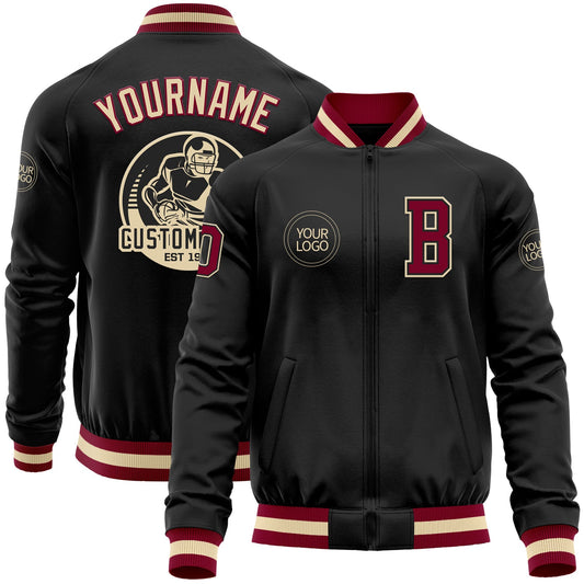 Custom Black Maroon-Cream Bomber Varsity Letterman Zipper Jacket - Main View