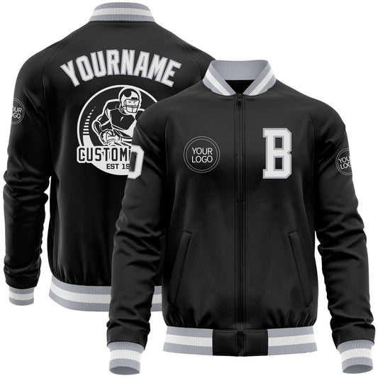 Custom Black White-Gray Bomber Varsity Letterman Zipper Jacket - Main View