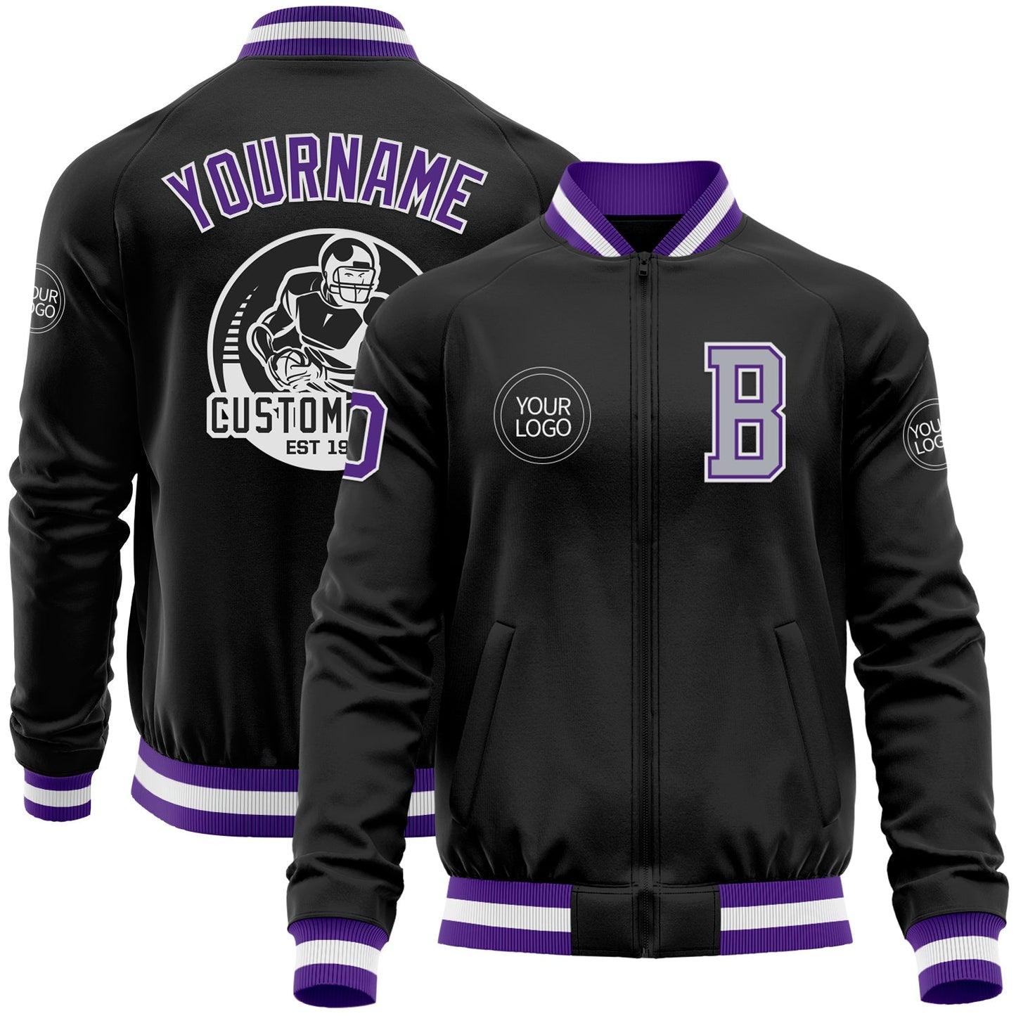 Custom Black Purple-Gray Bomber Varsity Letterman Zipper Jacket - Main View