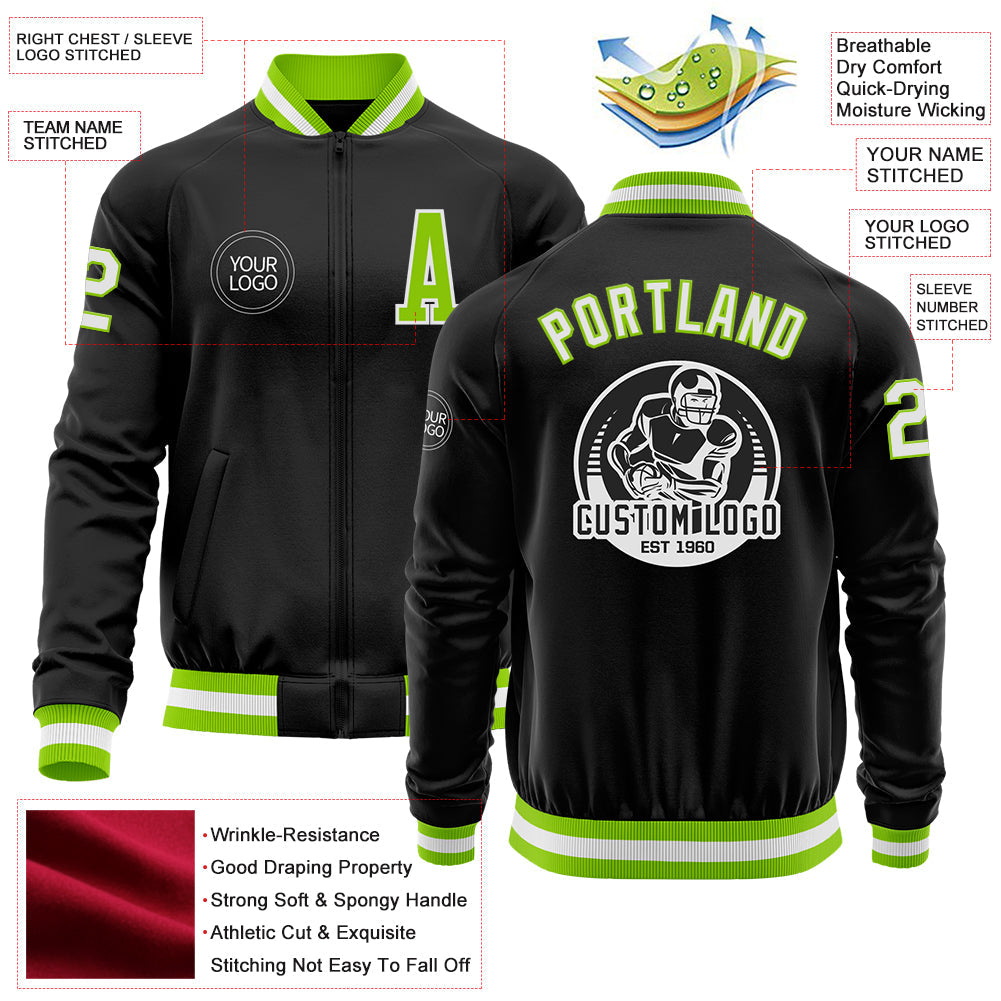 Custom Black Neon Green-White Bomber Varsity Letterman Zipper Jacket view 4
