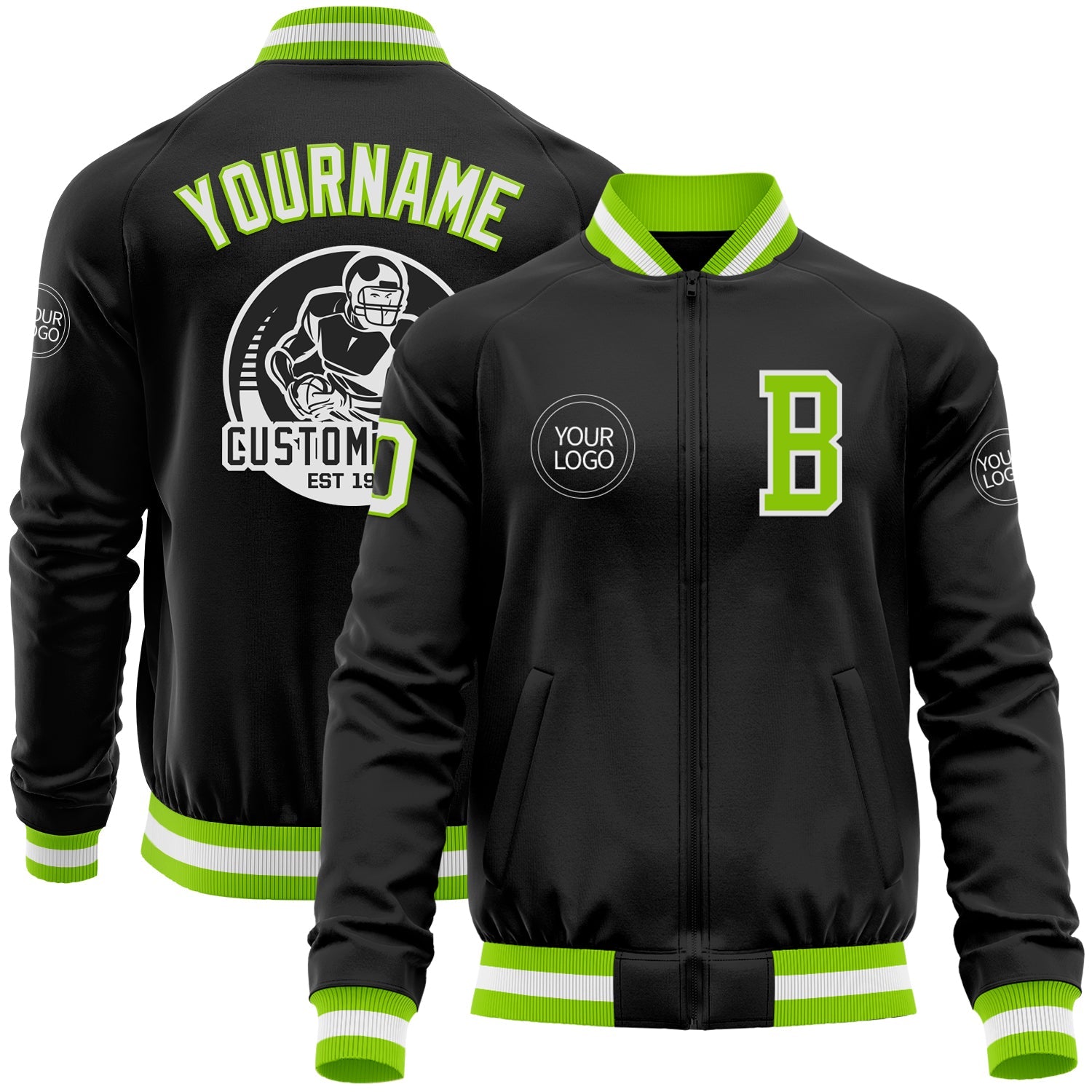 Custom Black Neon Green-White Bomber Varsity Letterman Zipper Jacket - Main View