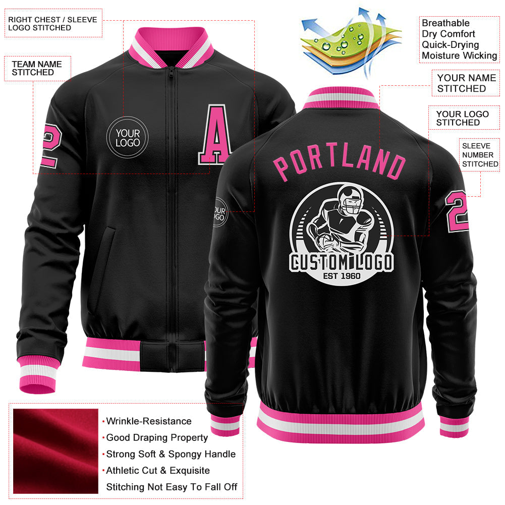 Custom Black Pink-White Bomber Varsity Letterman Zipper Jacket view 4
