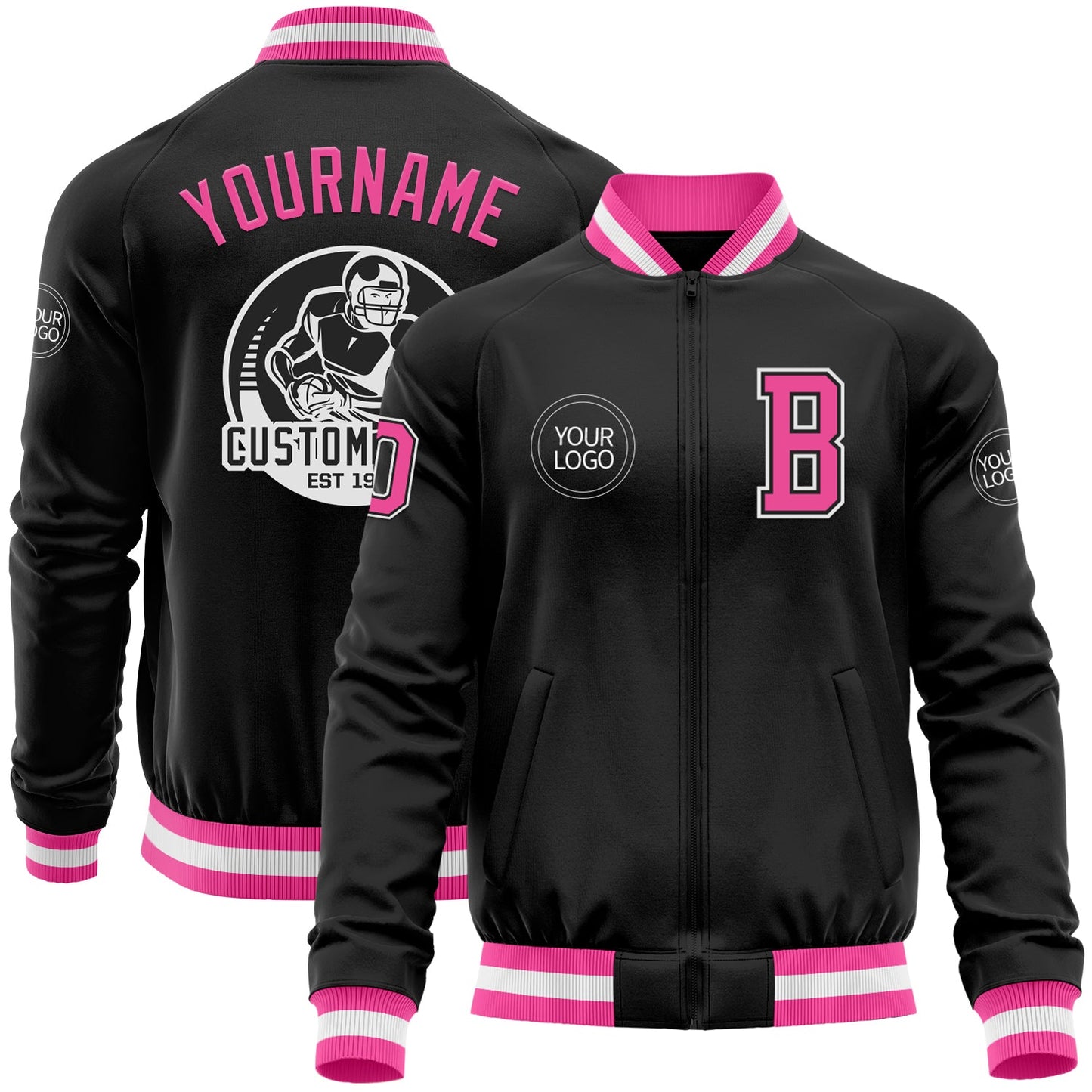 Custom Black Pink-White Bomber Varsity Letterman Zipper Jacket - Main View