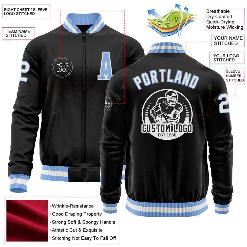 Custom Black Light Blue-White Bomber Varsity Letterman Zipper Jacket view 4