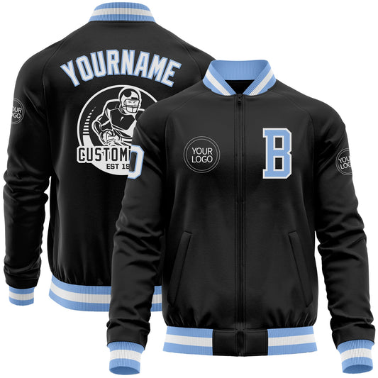 Custom Black Light Blue-White Bomber Varsity Letterman Zipper Jacket - Main View