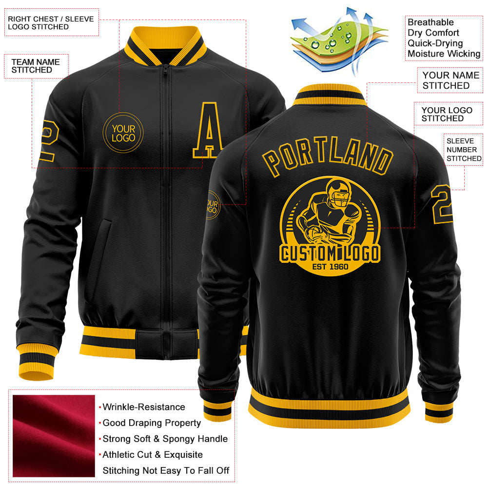 Custom Black Gold Bomber Varsity Letterman Zipper Jacket view 4