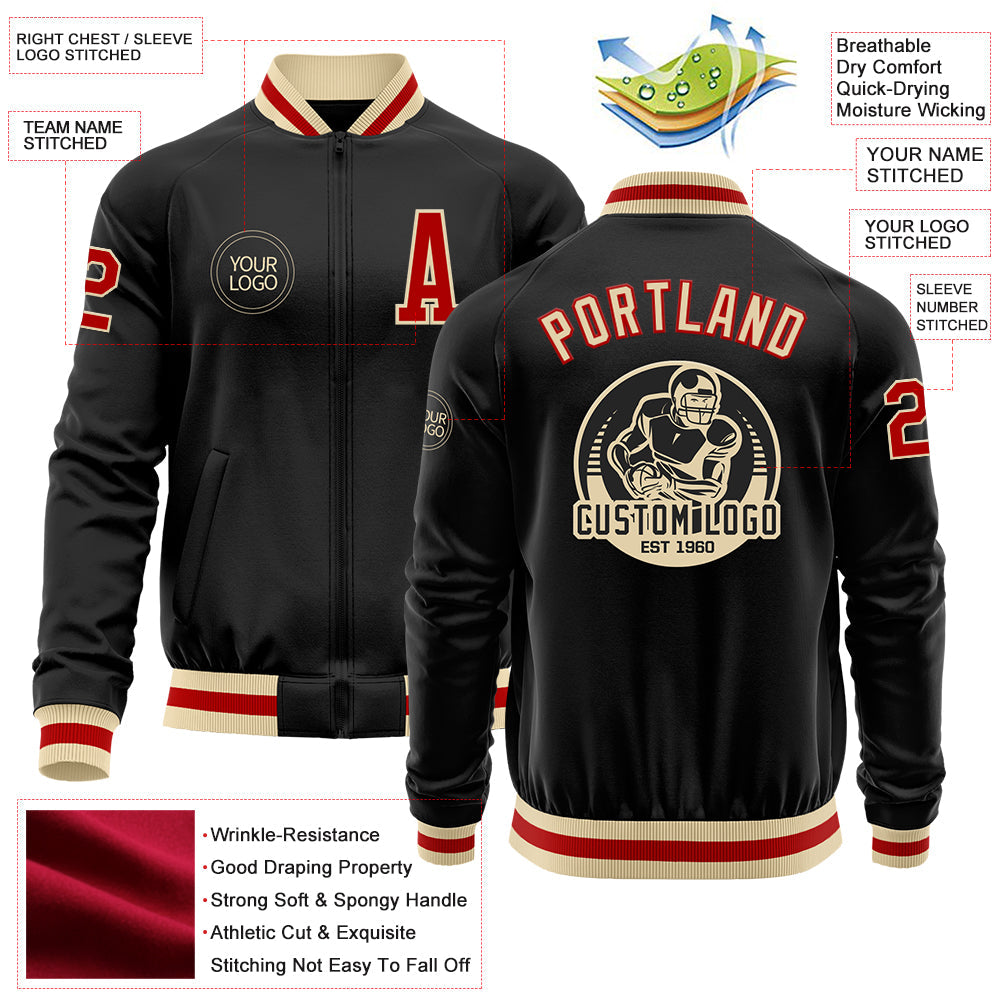 Custom Black Red-Cream Bomber Varsity Letterman Zipper Jacket view 4