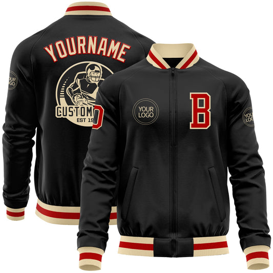 Custom Black Red-Cream Bomber Varsity Letterman Zipper Jacket - Main View