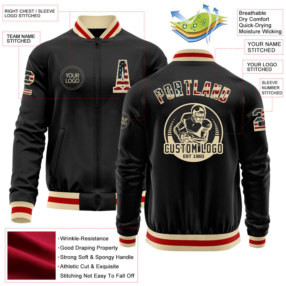Custom Black Vintage USA Flag Cream-Red Bomber Varsity Letterman Zipper Jacket view 4