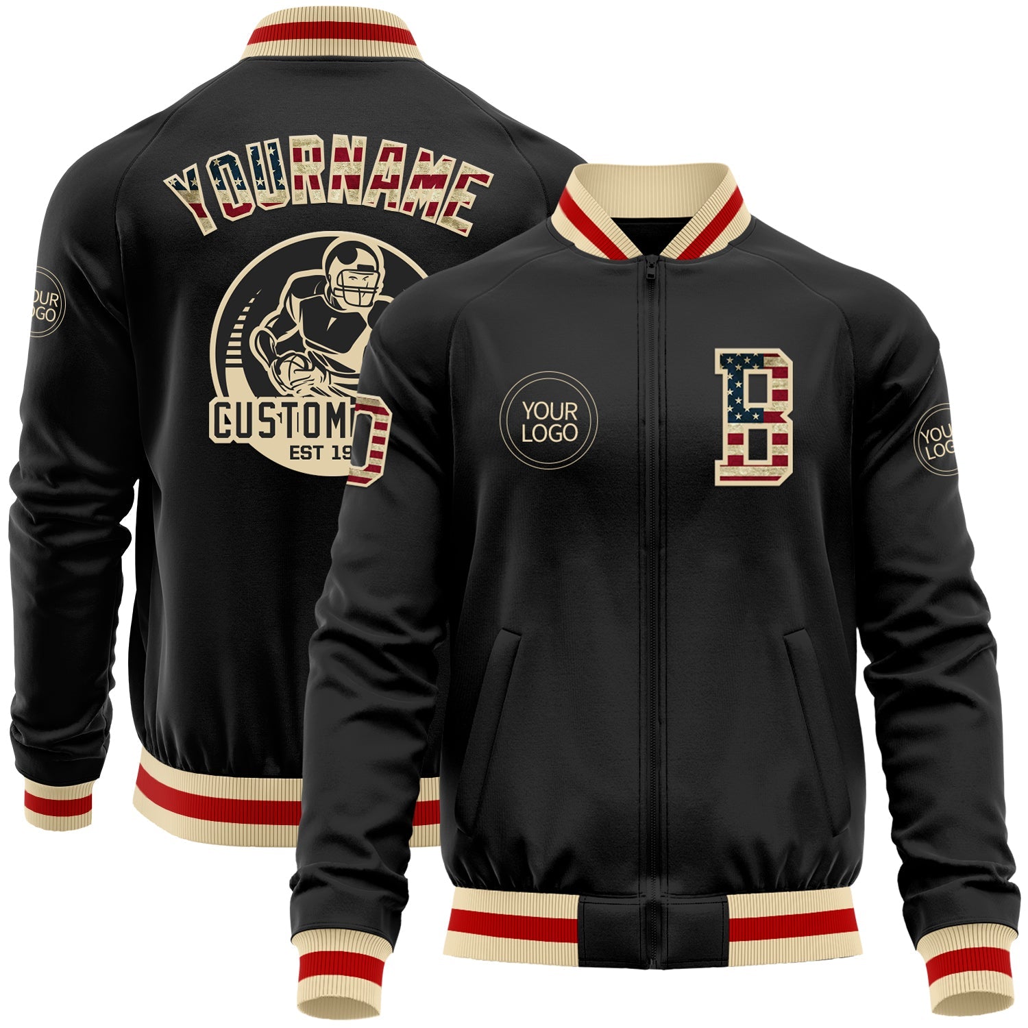 Custom Black Vintage USA Flag Cream-Red Bomber Varsity Letterman Zipper Jacket - Main View