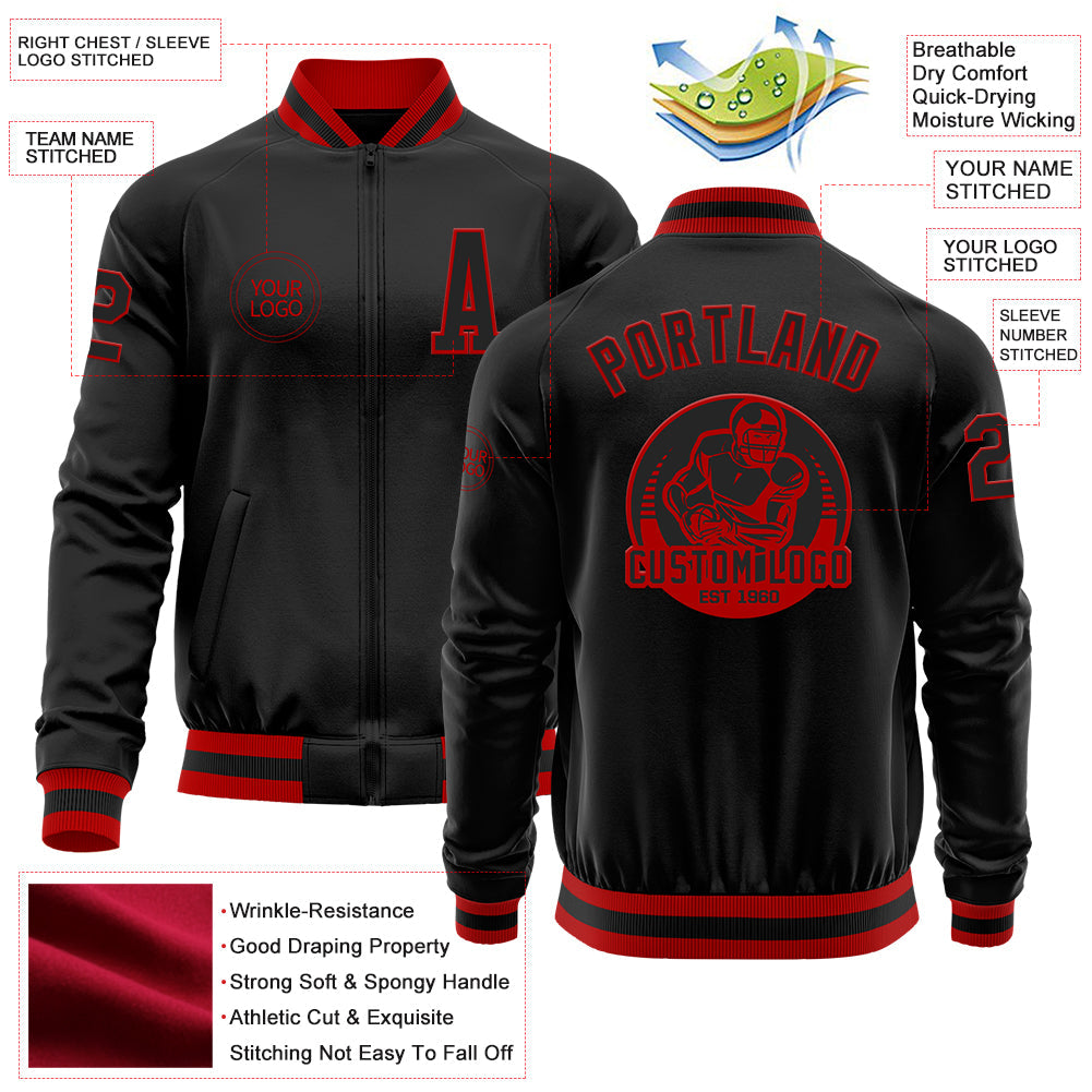 Custom Black Red Bomber Varsity Letterman Zipper Jacket view 4