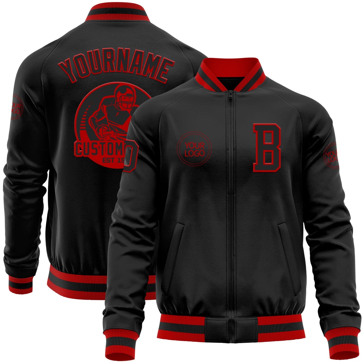 Custom Black Red Bomber Varsity Letterman Zipper Jacket - Main View