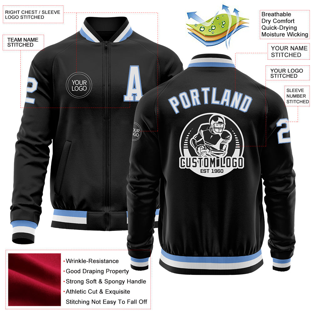 Custom Black Light Blue-White Bomber Varsity Letterman Zipper Jacket view 4