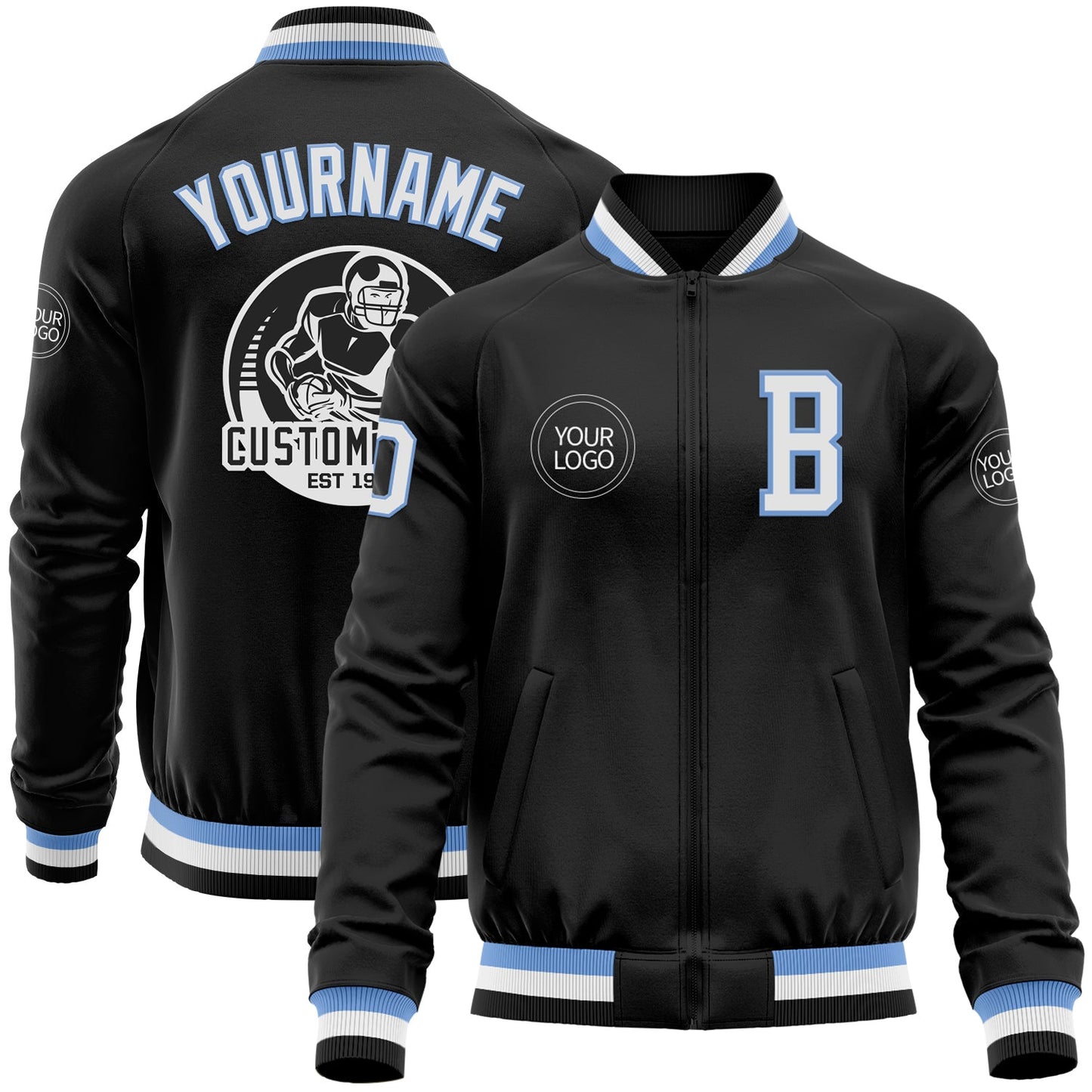 Custom Black Light Blue-White Bomber Varsity Letterman Zipper Jacket - Main View