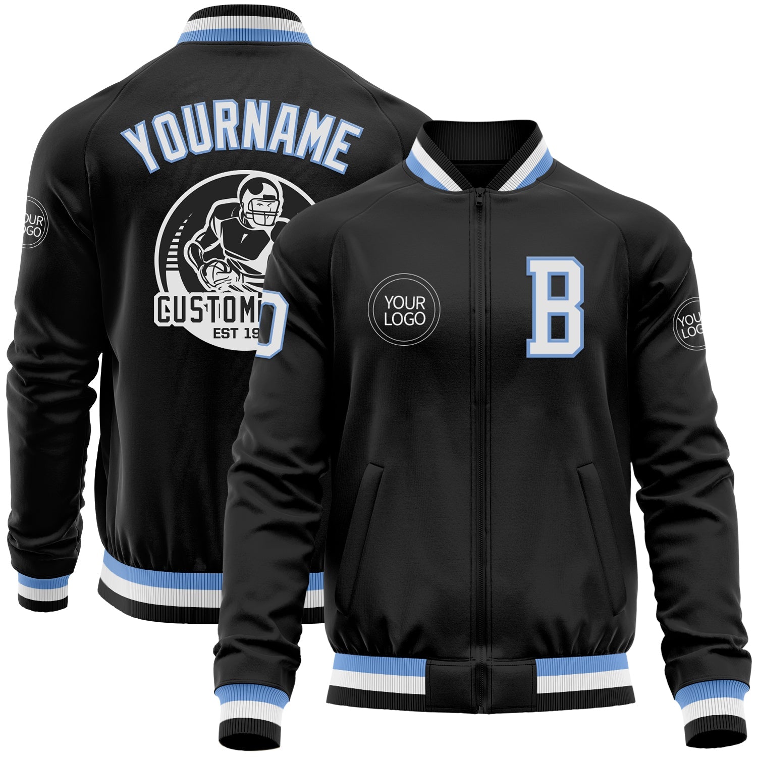 Custom Black Light Blue-White Bomber Varsity Letterman Zipper Jacket - Main View
