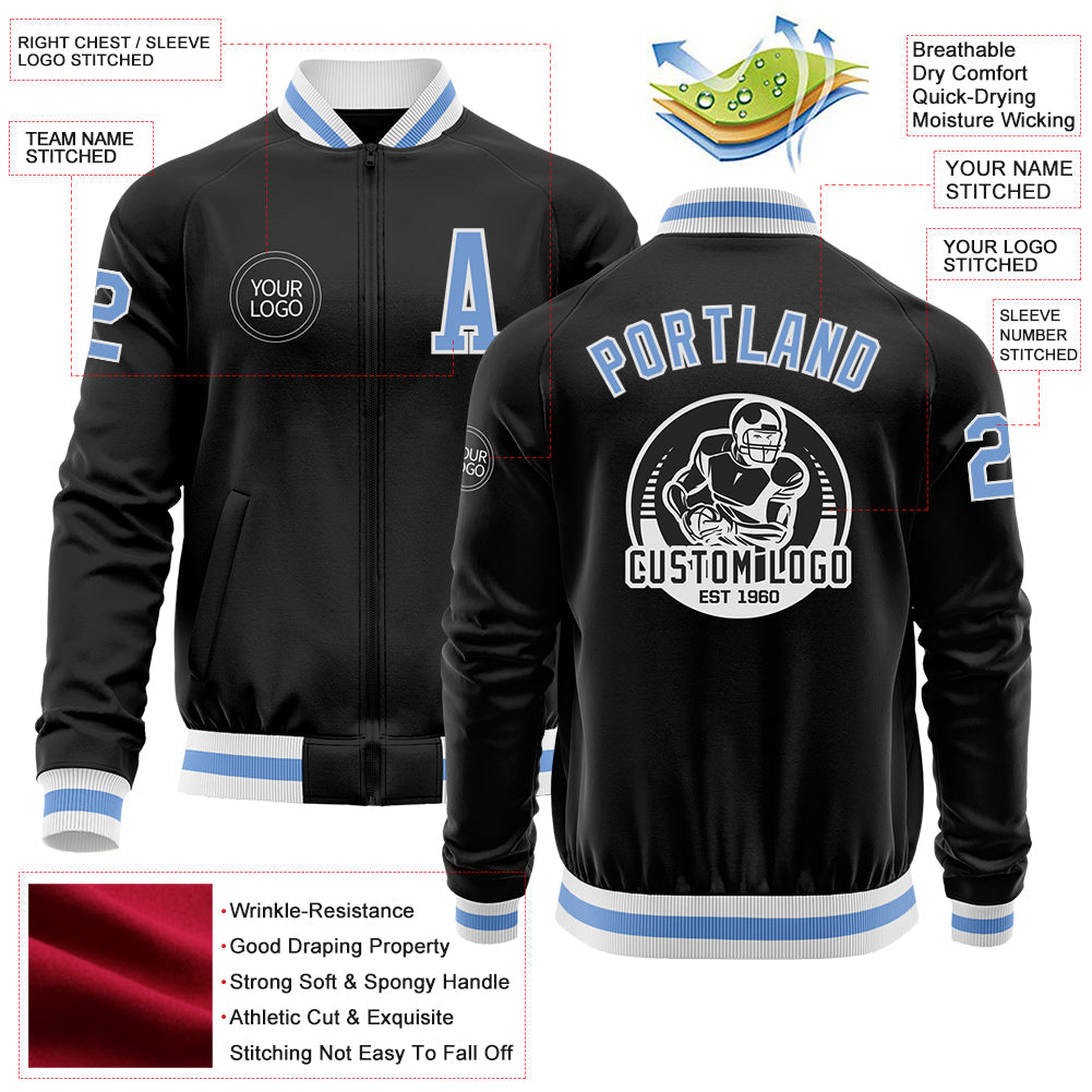 Custom Black Light Blue-White Bomber Varsity Letterman Zipper Jacket view 4