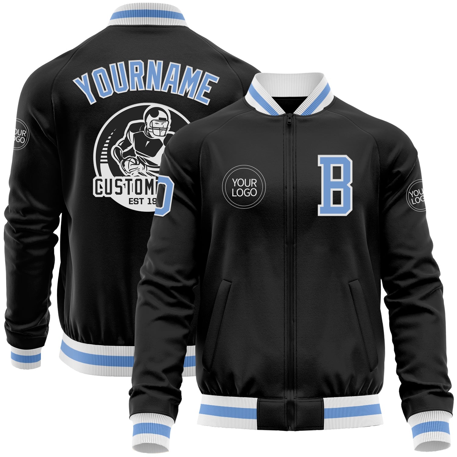Custom Black Light Blue-White Bomber Varsity Letterman Zipper Jacket - Main View