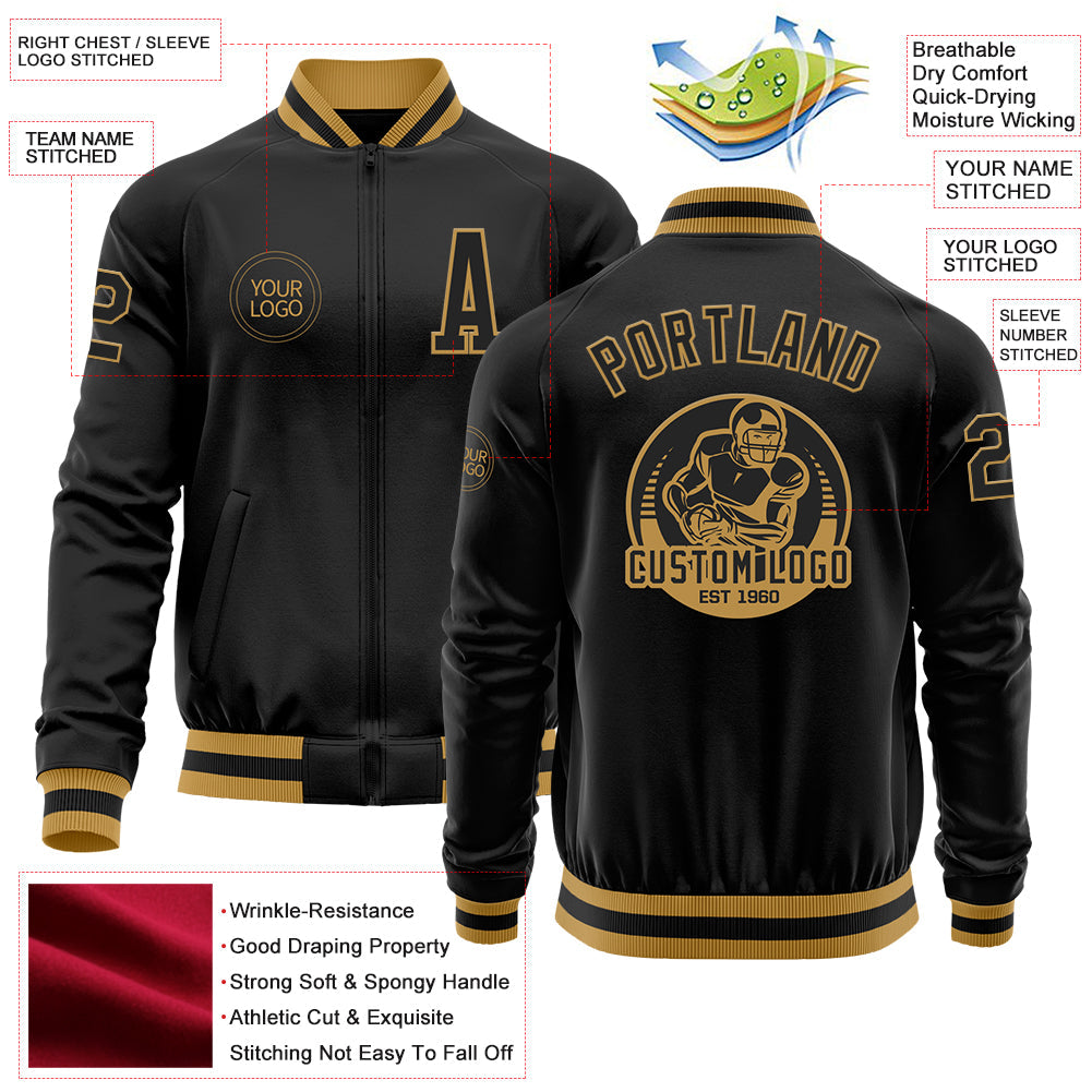 Custom Black Old Gold Bomber Varsity Letterman Zipper Jacket view 4
