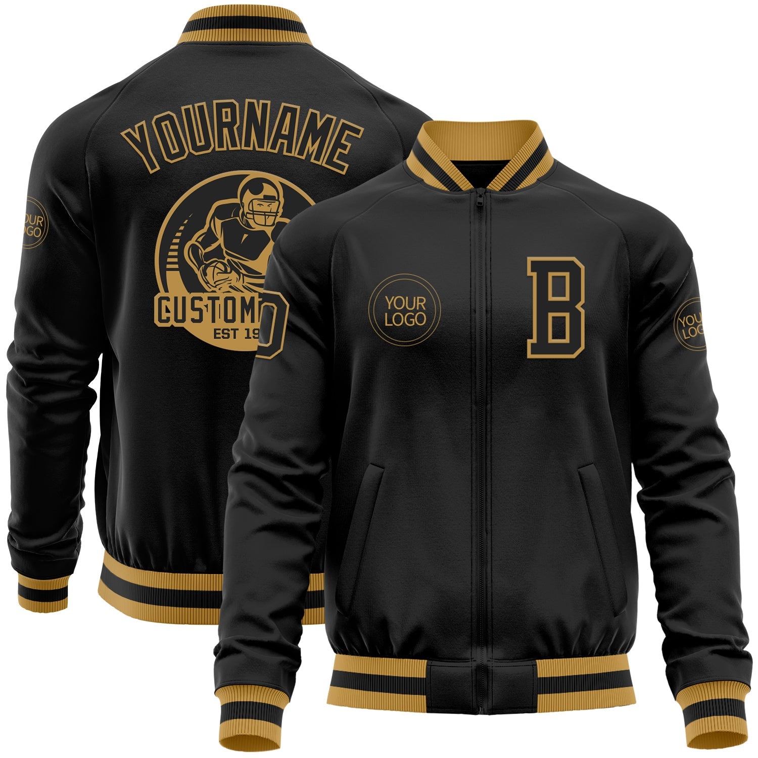 Custom Black Old Gold Bomber Varsity Letterman Zipper Jacket - Main View