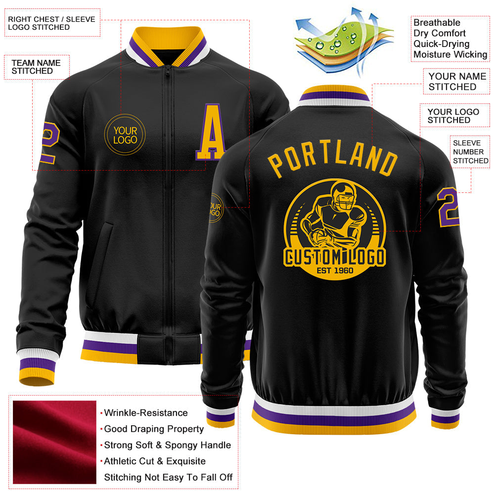 Custom Black Gold-Purple Bomber Varsity Letterman Zipper Jacket view 4